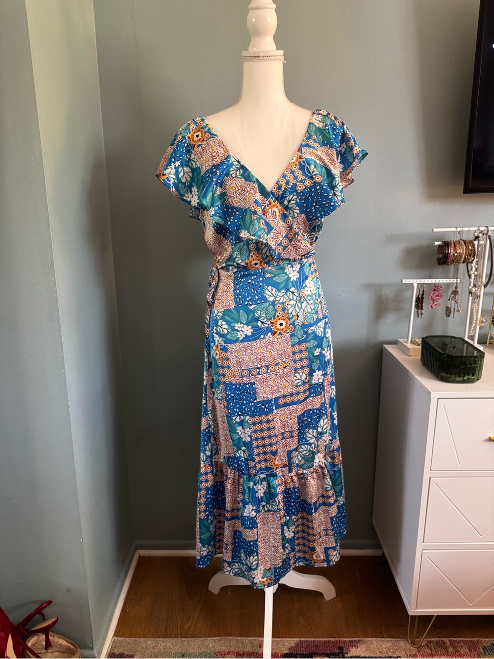 NWT VERNACULAR satin blue Floral bohemian Wrap ruffle Dress